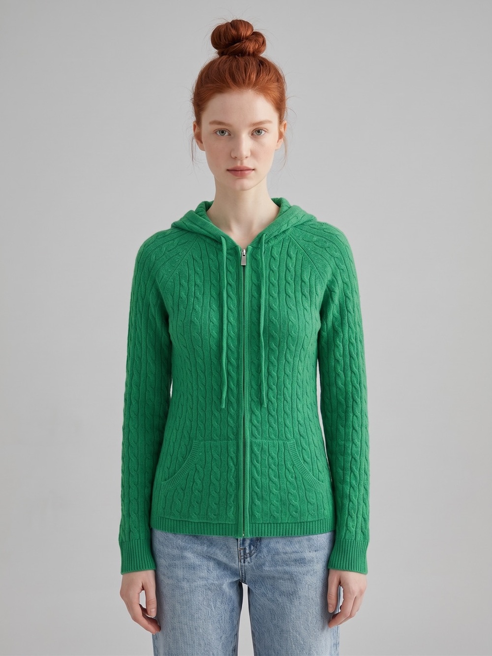 Aqua Cashmere Kelly Green Cable-Knit Zip Hoodie Sweater. Luxury. Cozy. M